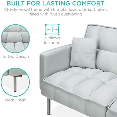 Best Choice Products Convertible Linen Fabric Tufted Split-Back Plush Futon Sofa Furniture for Living Room, Apartment, Bonus Room