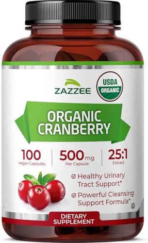 Zazzee USDA Organic Cranberry 25:1 Extract, 500mg per Capsule, 100 Capsules | Vegan, 3+ Month Supply, Certified Kosher, Vaccinium Macrocarpon, Non-GMO, Made in the USA