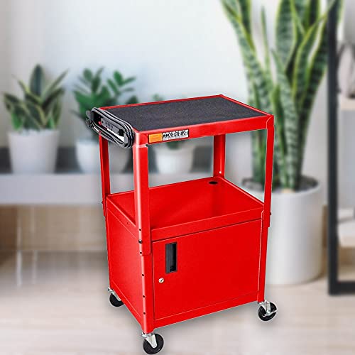 LUXOR AVJ42C-RD Steel AV Cart with Adjustable Height and Storage Cabinet, Multipurpose Utility Cart, 24" to 42" Height, 3 Outlet Electrical Assembly