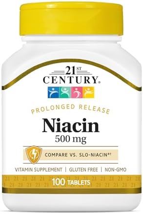 21st Century Niacin 500mg Prolonged Release Tablets, Vitamin B3, 100ct | Vitamin B3 Niacin 500 mg, Energy Metabolism, Heart & Nervous System Support, Prolonged-Release Formula, Non-GMO, Gluten Free