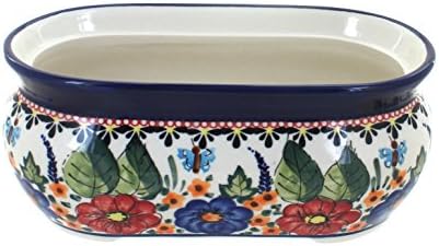 Blue Rose Polish Pottery - Red Floral Butterfly Small Planter - 8" x 4.5" - Ceramic Flower Pot, for Indoor or Outdoor Garden Décor