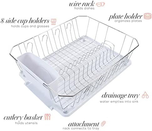 Kitchen Details 3 Piece Dish Rack | Drying Rack, Cutlery Basket & Drainboard Tray | Countertop | Self Draining | Open Wire Design | Chrome | White