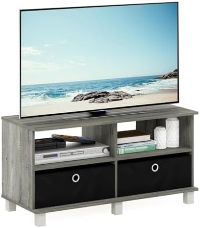 Furinno Andrey Entertainment Center with Bin Drawers, French Oak Grey/Black | Open Shelf TV Console for TV up to 46 Inch with Bin Drawers