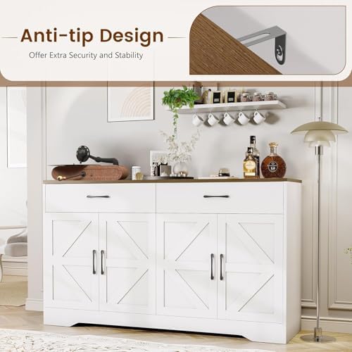 Sideboard Buffet Cabinet with Storage, 55.1" Large Kitchen Storage Sideboard with Drawers & Doors, Modern Wood Farmhouse Coffee Bar Cabinet