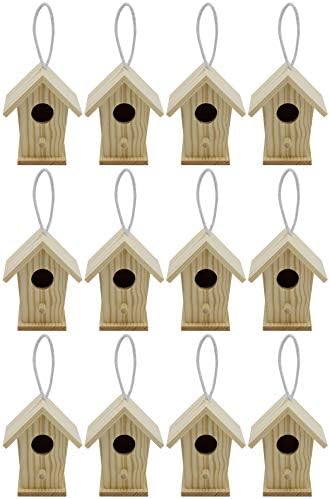 Creative Hobbies 12-Pack of Mini Wooden Bird Houses to Paint, with Hanging Cords, Unfinished DIY Design Your Own Great for Crafts, Weddings