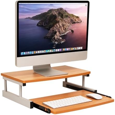 Mind Reader Monitor Stand, Sliding Keyboard Drawer, Laptop, Riser, Office, Wood/Metal, 20"L x 14.75"W x 5.9"H, Brown, Silver