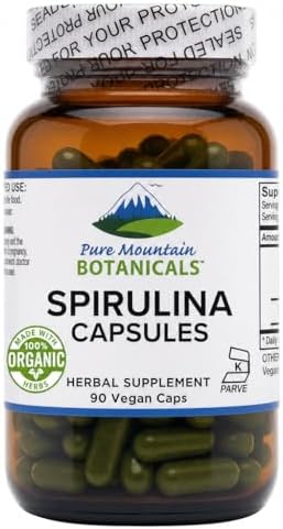 Pure Mountain Botanicals Spirulina Capsules 90 Count - 450mg Organic Spirulina - Kosher Vegan Non-GMO - Superfood Supplement - Espirulina