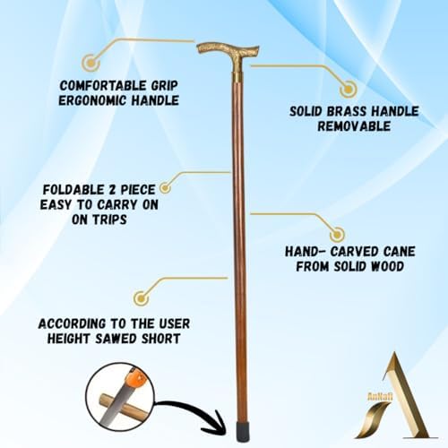 AnNafi® Walking Cane Brown Ebony Brass T Shape Handel | Golden Tone Natural Wooden Walking Stick for Gentlemen | Wooden Walking Cane for Men &