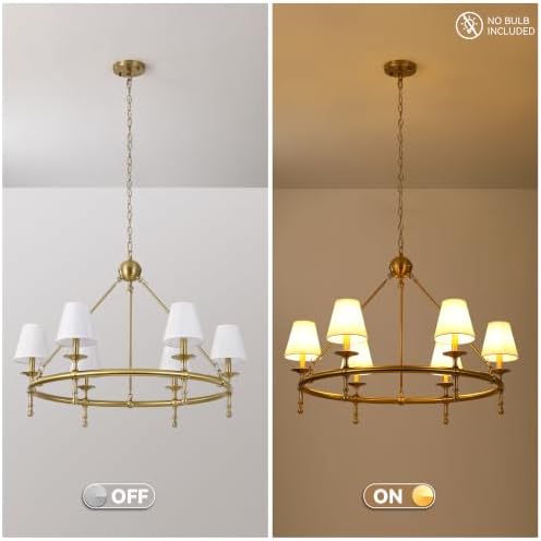 Klgxnrd 6-Light Brushed Gold Wagon Wheel Chandelier with White Fabric Shade | Diameter 34", 5-Layer Electroplated Metal, Height Adjustable 29" To 106"