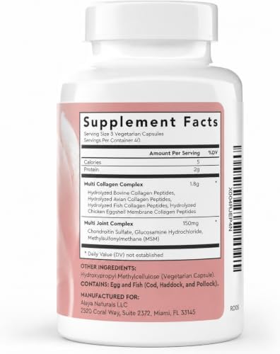 Alaya Multi Collagen Capsules, 5 Types, MSM, Grass-Fed, 120 Count