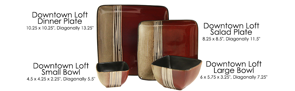 red square striped glazed stoneware double bowl dinnerware dish set for 4 microwave dishwasher safe