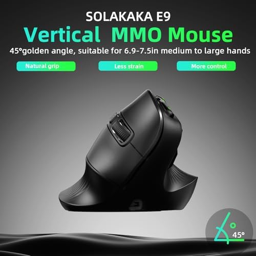 SOLAKAKA E9 Vertical MMO Gaming Mouse,24800 DPI,Tri-Mode Ergonomic Wireless Mouse with 10 Side Buttons,RGB Mouse for PC/Mac Black