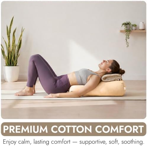 Yogikuti Iyengar Yoga Bolster Pillow – 100% Cotton Cylindrical Bolster for Restorative Yoga & Meditation – Firm & Durable Support Cushion with