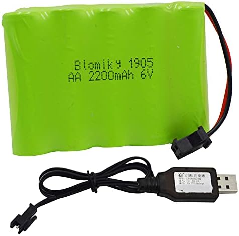 Blomiky 6V 2200mAh Ni-MH 5 AA Rechargeable Battery Pack with SM-2P Black 2 Pin Connector Plug and USB Cable for RC Truck Cars Vehicles 6V NiMh