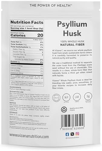 VIZANA Psyllium Husk – 100% Whole Husk Natural Fiber – Pure Plantago Ovata – No Additives, Gluten-Free