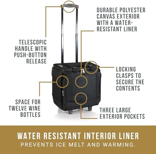 PICNIC TIME Bodega Rolling Wine Cooler, Insulated 12-Bottle Wine Cooler with Wheels, Outdoor Portable Rolling Ice Chest with Water-Resistant Liner