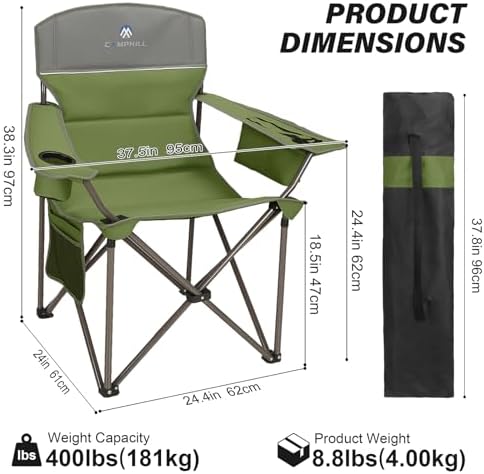 Oversized Camping Chairs 2 Pack - Heavy Duty 400LBS Padded Lawn Chair with Cooler Bag,Cup Holder,Side Pocket,Collapsible for Outdoor,Camp,Fishing & Garden,Dark Green
