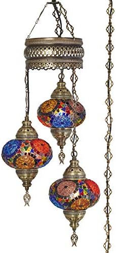 DEMMEX Plug-in Turkish Hanging Lamp, Handmade Moroccan Mosaic Chandelier Pendant Light Fixture with 15-ft Cord & Chain, Decorative Ceiling Lamp for Living Room, Bedroom, 3 Large 7'' Globes, 3.5 ft.