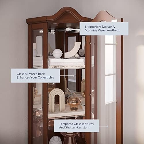 BELLEZE Lighted Corner Display Curved Top Curio Cabinet Wooden Shelving Unit with Tempered Glass Door