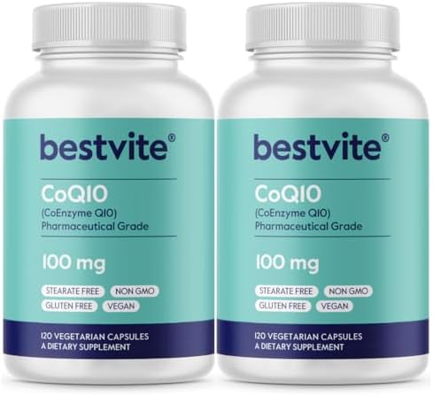 BESTVITE Coenzyme CoQ10 100mg (120 Vegetarian Capsules) Naturally Fermented - No Stearates - No Fillers - Vegan - Non GMO - Gluten Free | Vegan - Gluten Free - Non GMO - Coenzyme Q10 Supplement - Antioxidant for Heart & Energy Support* - Easy to Swallow…