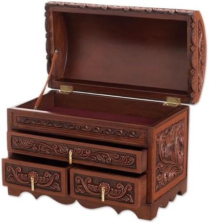 NOVICA Artisan Handmade Leather Cedar Wood Jewelry Chest Bird Pattern from Peru Brown Boxes Colonial Floral Animal Themed [8.25in H x 11.5in W x 6in