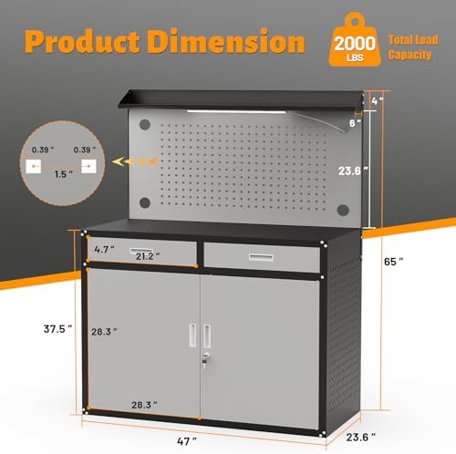 65" Heavy Duty Garage Workbench with Storage Drawers & Pegboard, 2000lbs Capacity Metal Work Bench with Lockable Magnetic Cabinets
