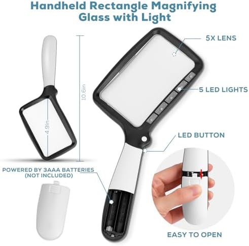 Folding Handheld Magnifying Glass with Light, 5X Large Rectangle Reading Magnifier with Dimmable LED for Seniors with Macular Degeneration, Newspaper