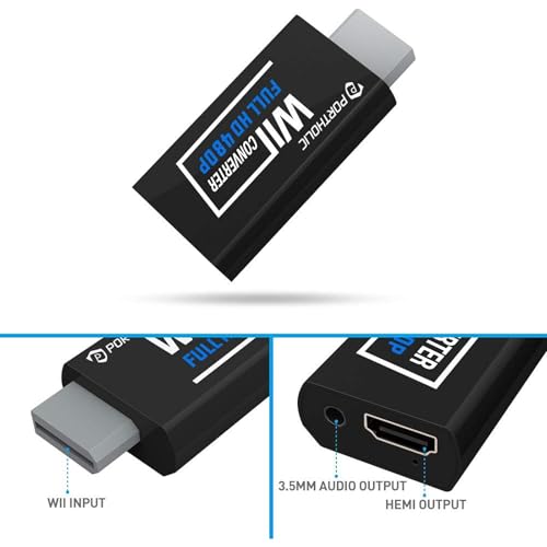 PORTHOLIC Wii to HDMI Converter 1080P for Full HD Device, Wii HDMI Adapter with 3,5mm Audio Jack&HDMI Output Compatible with Wii, Wii U, HDTV, Monitor-Supports All Wii Display Modes 720P, NTS