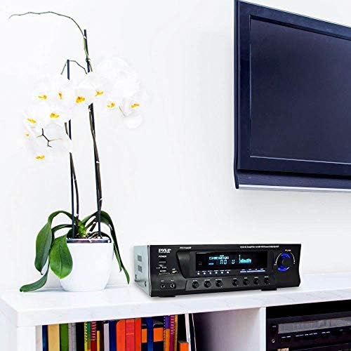 Pyle Home Stereo Amplifier with Bluetooth - 300 Watt Max 4 Channel Stereo Receiver with Easy Karaoke - Dual Mic In with EQ and Echo, USB-A and SD Card In, RCA In, RCA Out, LED Display - PT272AUBT