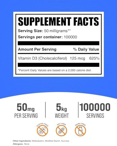 BulkSupplements.com Vitamin D3 Powder - Cholecalciferol, Vitamin D Supplements, 5000 IU - Gluten Free, 50mg (125mcg of Vitamin D3) per Serving, 250g (8.8 oz) (Pack of 1)
