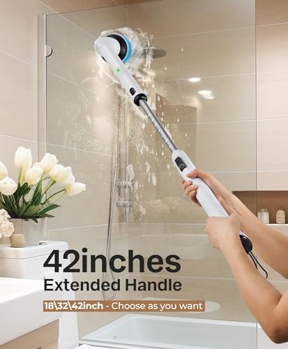 Electric Cleaning Brush, New Full-Body IPX7 Waterproof & 42inch Long Handle | Bathroom Cleaner Brush, Shower Scrubber, 2 Speed & 7 Heads Replacement