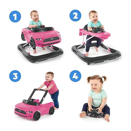 Bright Starts Ford Mustang 4-in-1 Pink Baby Activity Center & Push Walker with Removable Interactive Steering Wheel -Toy, 6 Months and up