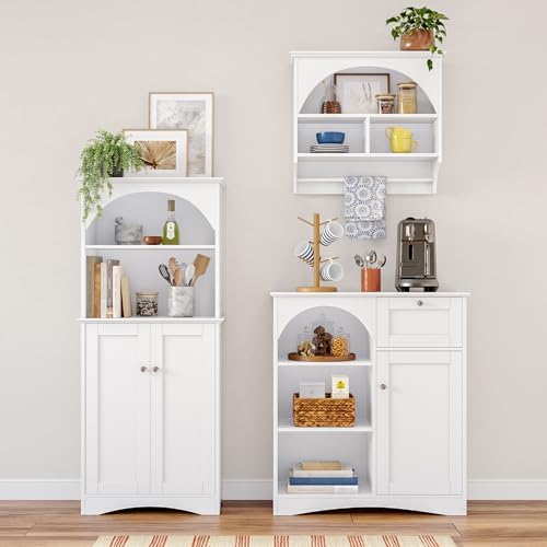 RiverRidge Kitchen Tall 2-Door Sideboard Buffet Storage Cabinet, White | Soft Close Hinges, Adjustable Shelves, Versatile Arched Design