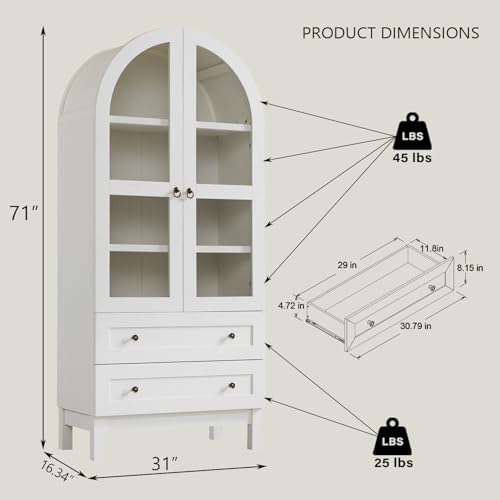 IFGET 71" Tall Arched Kitchen Pantry, Modern Farmhouse Wood Kitchens Storage Cabinets with 2 Large Drawers and Adjustable Shelves, Versatile Cupboard for Kitchen, Dining Room, Bathroom, Natrual