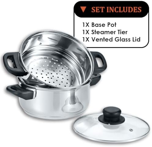 CONCORD 3 Quart Stainless Steel 3 Piece Steamer Cookware Set. Features 2 Quart Veggie Steamer and 3 Quart Cooking Pot with tempered glass lid.