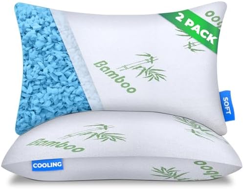 Memory Foam Pillows Queen Size Set of 2 - Cooling Bed Pillows for Sleeping - Back, Stomach, Side Sleeper Firm, Comfy Cool Shredded - 2 Pack, Rayon Derived from Bamboo