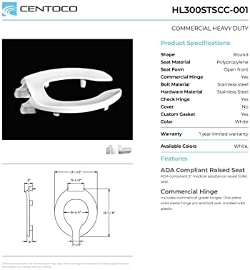 Centoco 3 inch Raised Toilet Seat for Seniors, Elongated, Open Front, White | Plastic, No Cover, 3L1500STSCC-001, Made in the USA
