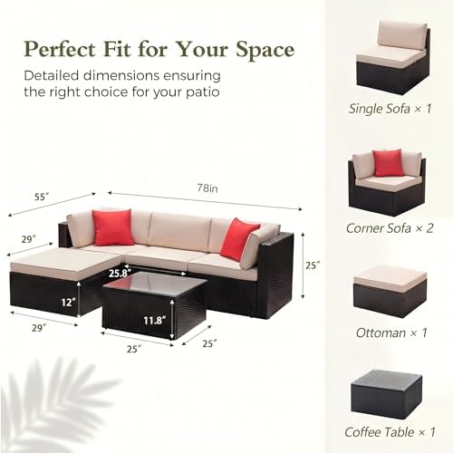 Devoko 5 Pieces Patio Furniture Sets Outdoor Sectional Patio Sofa | All Weather Manual Weaving Wicker Rattan Patio Seating Sofas with Cushion and