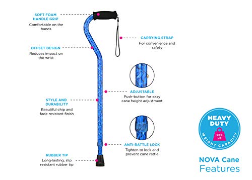 NOVA Heavy Duty Bariatric Walking Cane for Seniors, Men & Women – 500 lb Weight Capacity Offset Cane, Lightweight Adjustable Walking Stick with Soft Foam Grip, Wrist Strap & Non-Slip Tip