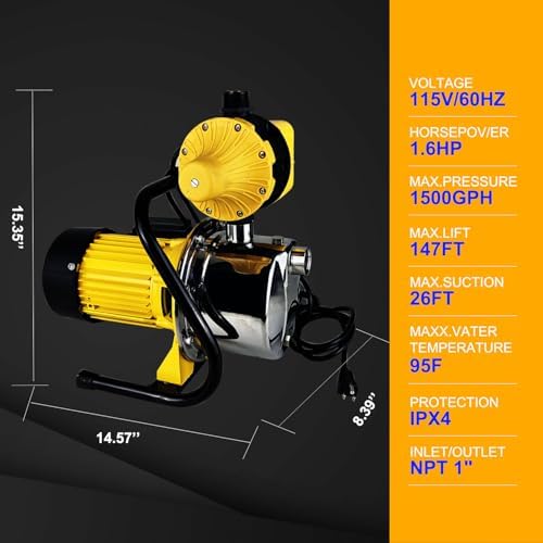 TDRRICH 1HP Water Pressure Booster Pump with Automatic Controller for Whole House, 110v Shallow Well Portable Water Stainless Steel Pump
