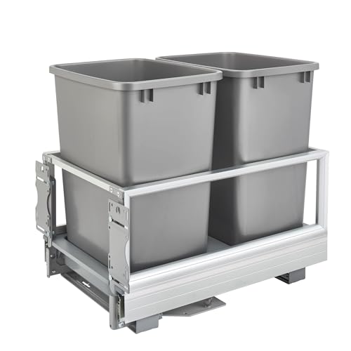 Rev-A-Shelf Double 50 Qt Pull Out Trash Can w/Soft-Close for Base Kitchen Cabinets, Min Opening Width of 15.75", Silver, 5149-2150DM-217