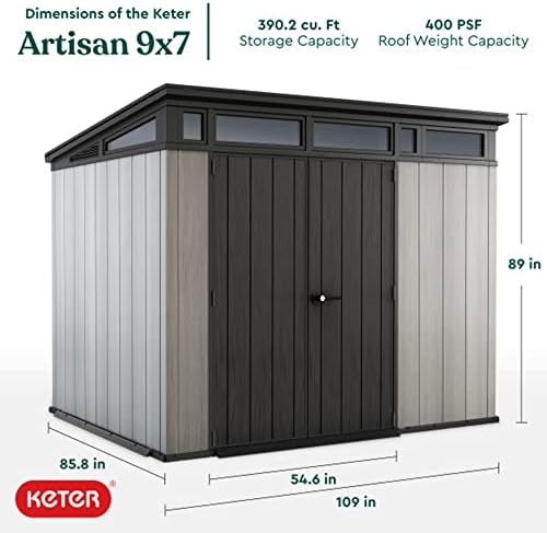 Keter Artisan 9x7 Foot Large Outdoor Shed with Floor with Modern Design for Patio Furniture, Lawn Mower, Tools, and Bike Storage, feet, Grey/Black