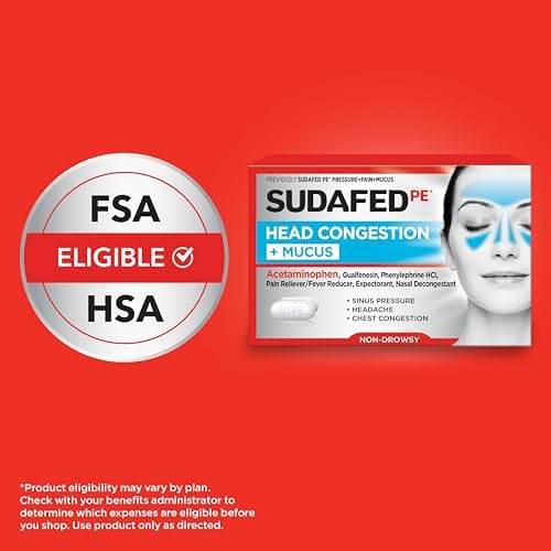 Sudafed PE Head Congestion + Mucus Relief Tablets, Non-Drowsy, 24 Ct | For Sinus Pressure, Congestion & Headache, Decongestant with Acetaminophen