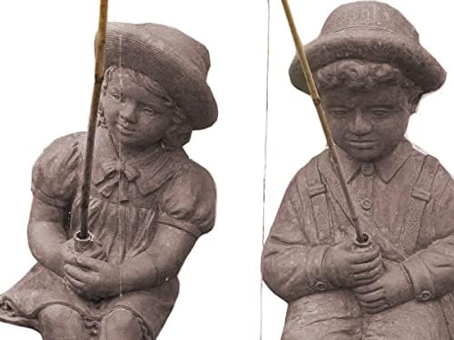 Fishing Boy & Girl Cast Stone Statues - Sculptures - Classic Iron Finish - Great Garden Gift Idea!