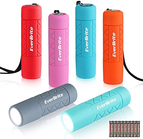 EverBrite Mini Flashlights 6-Pack Mix Colors, Batteries Included | Small, Lightweight, 18 AAA Batteries, 6-Color Set, 9-LED, Wrist Lanyards, for Home, Camping & Emergency use, Holiday Gifts