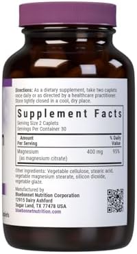 Bluebonnet Nutrition Magnesium Citrate, 400mg of Magnesium, Maximum Absorption, Supports Immune Health & Energy Production*, Soyfree, Gluten-Free, Non-GMO, Kosher, Dairy Free, Vegan, 120 Caplets | Supports Immune Health & Energy Production; Non-GMO, Vega…