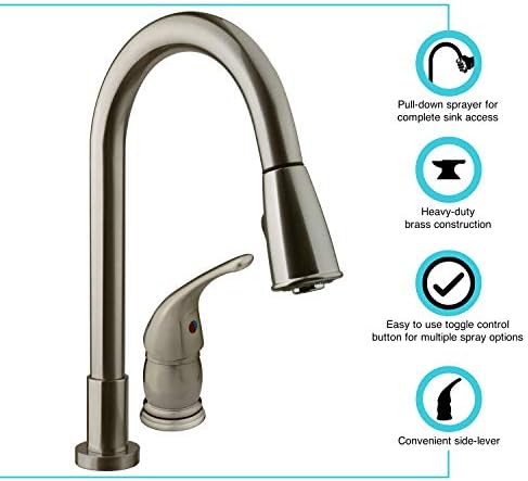 Dura Faucet DF-NMK503-SN RV Pull-Down Kitchen Sink Faucet (Satin Nickel) | Side lever gives one-hand control of temperature and flow. Easy DIY install with common hand tools.