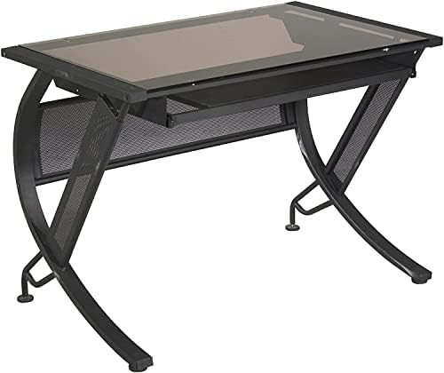 OSP Home Furnishings Horizon Computer Desk with Pull-Out Keyboard Tray, Tempered Glass Top and Steel Frame, Black
