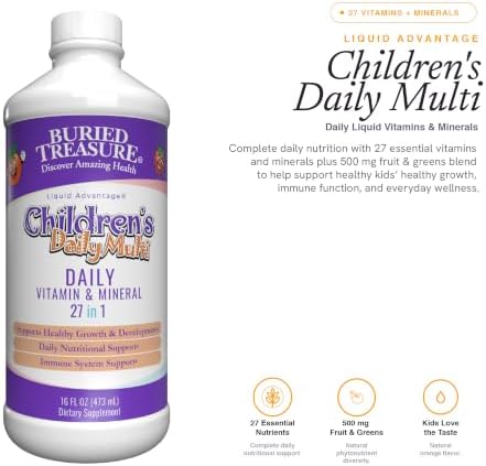 Buried Treasure Children’s Daily Liquid Multivitamin – 27 Vitamins & Minerals with SuperFood Blend – Sugar Free, Vegan, Orange Mango Flavor