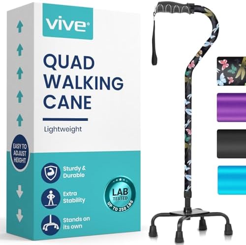 Vive Quad Cane - Walking Stick for Men and Women - Lightweight Adjustable Staff - Comfortable Right and Left Hand Grip for Stability Support - Four Prong Sturdy Aluminum Travel Aid - 4 Tip Blue | Senior 4 Prong Walking Stick for Stability & Balance- Righ…
